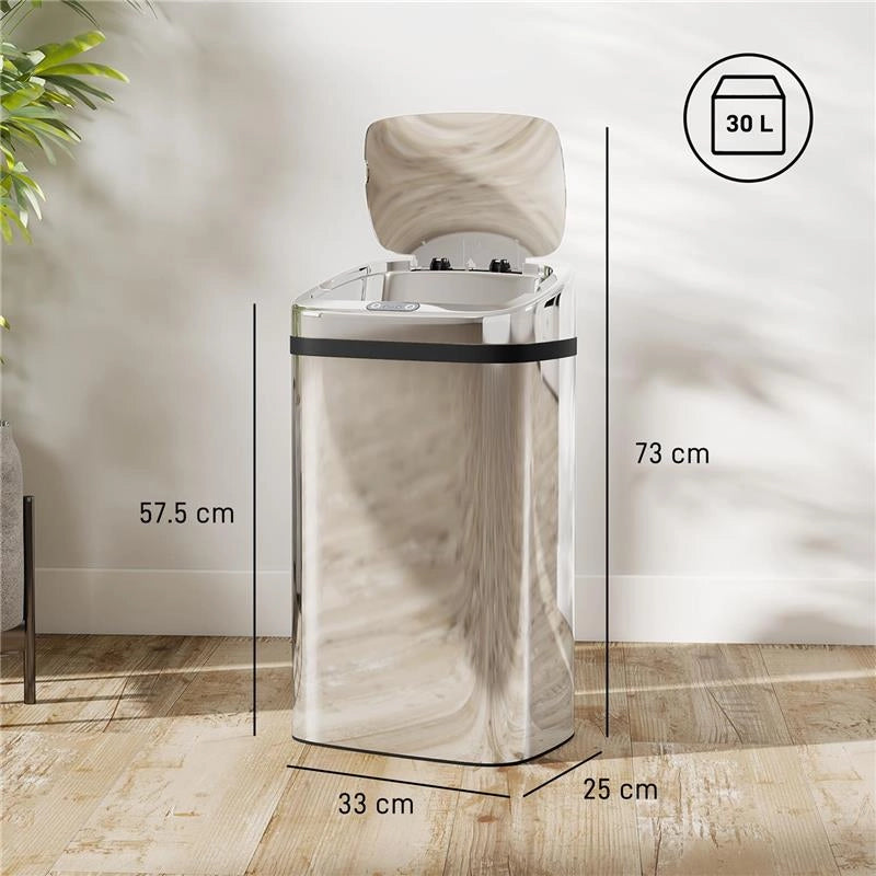 BIDONE PER RIFIUTI DA 30L CON SENSORE PER APERTURA E CHIUSURA AUTOMATICA, 33X25X57.5 CM, ARGENTO