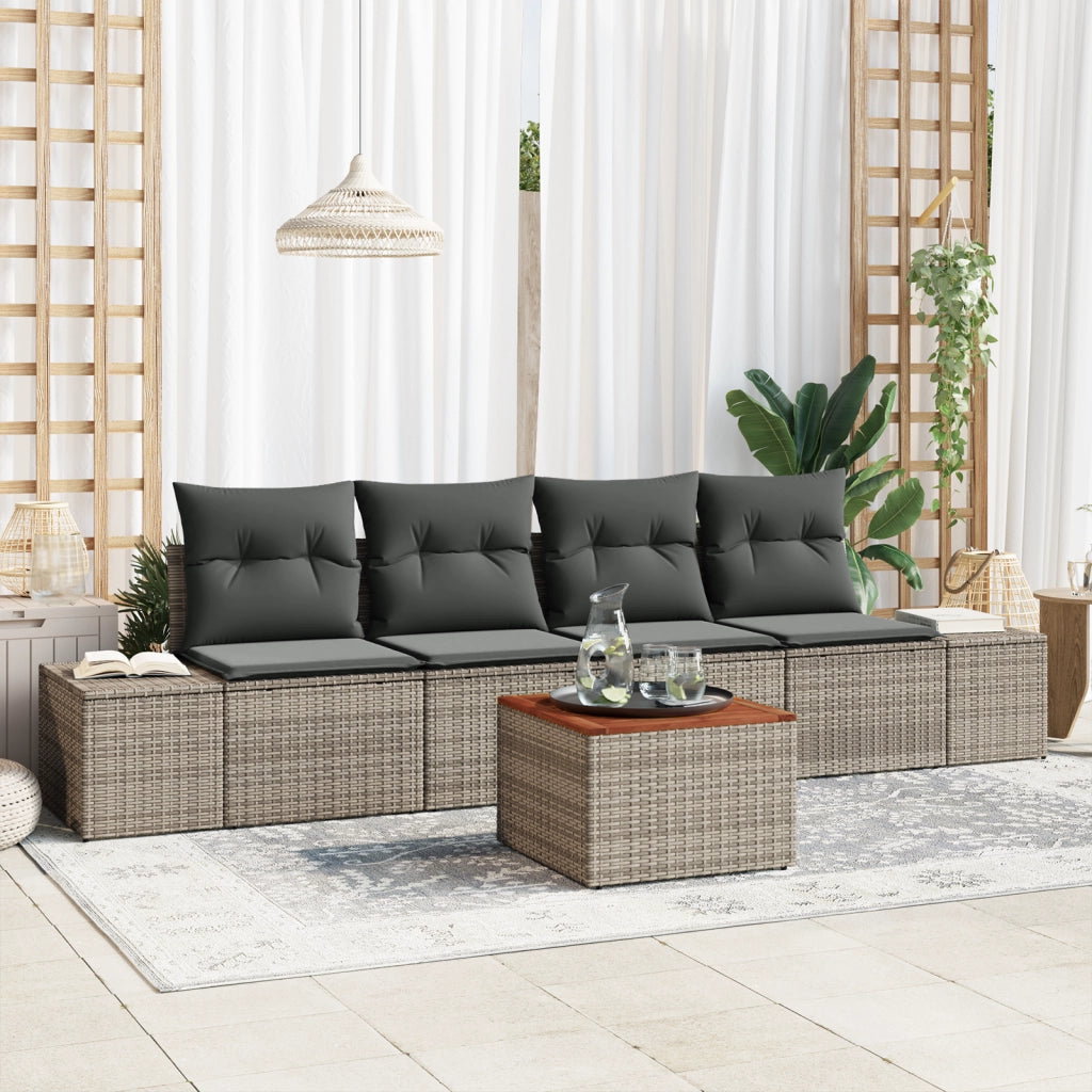 Set di divani da giardino 5 pezzi con cuscini grigi in polirattan e acacia