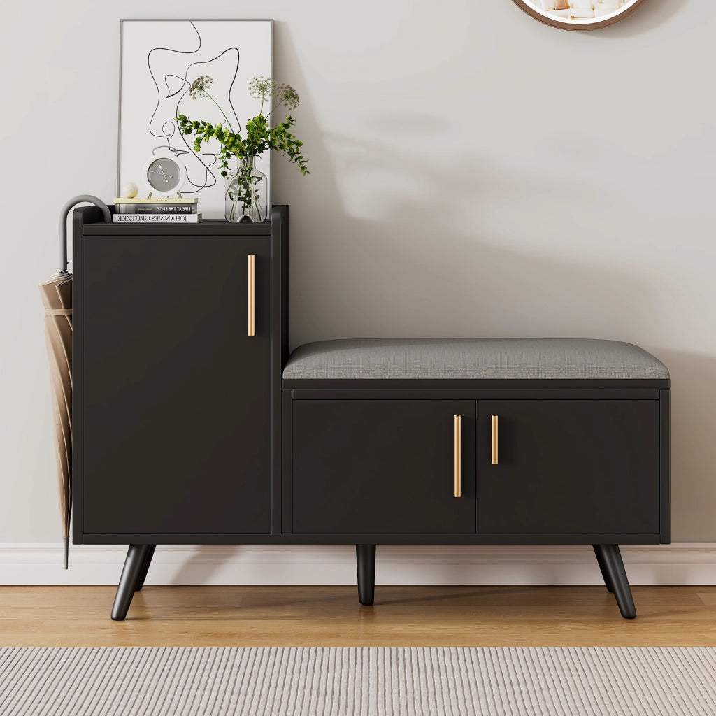 Panca scarpiera con seduta imbottita nera 100x34x68,5 cm in truciolare con ripiani regolabili e 3 ante