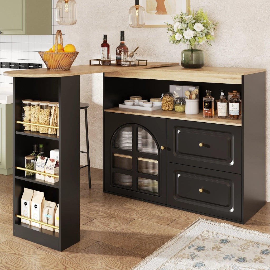 Mobile Bar Girevole con 2 Cassetti; Ripiani e Anta in Vetro Curvo; in MDF; Bianco; 138-204 x 39 x 104 cm