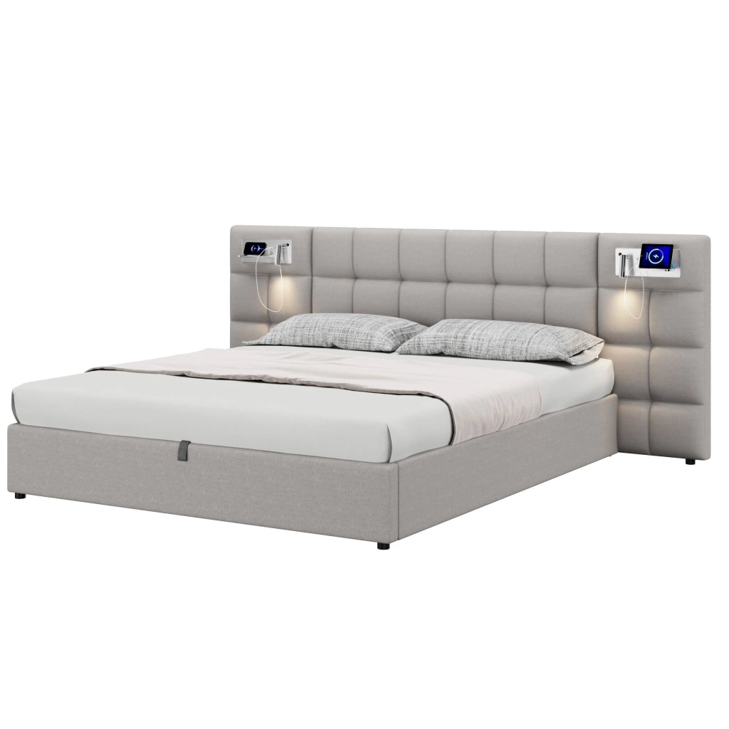 Letti contenitori 180x200 cm; USB e ricarica wireless; lino grigio (Senza materasso)