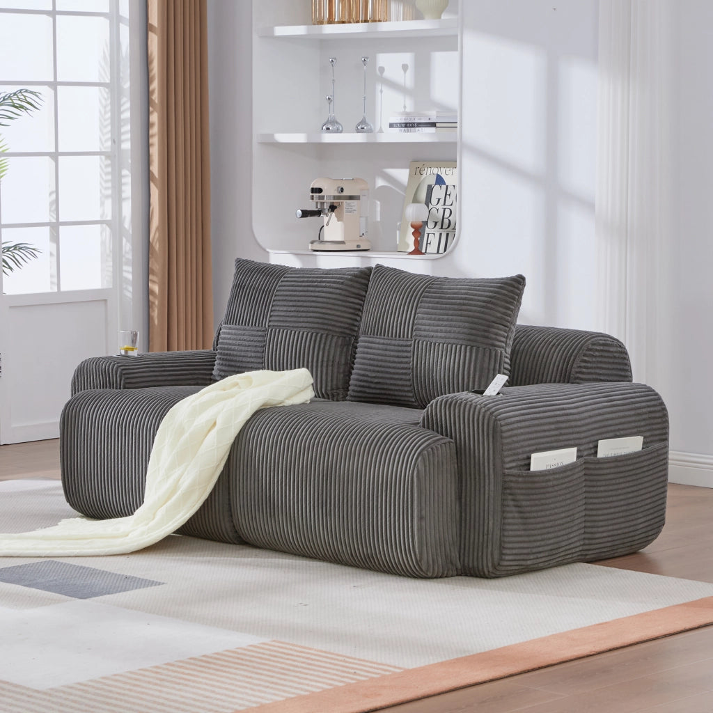 Divano modulare a 2 posti in tessuto a coste con portabicchieri tasca laterale e imbottitura ergonomica grigio scuro