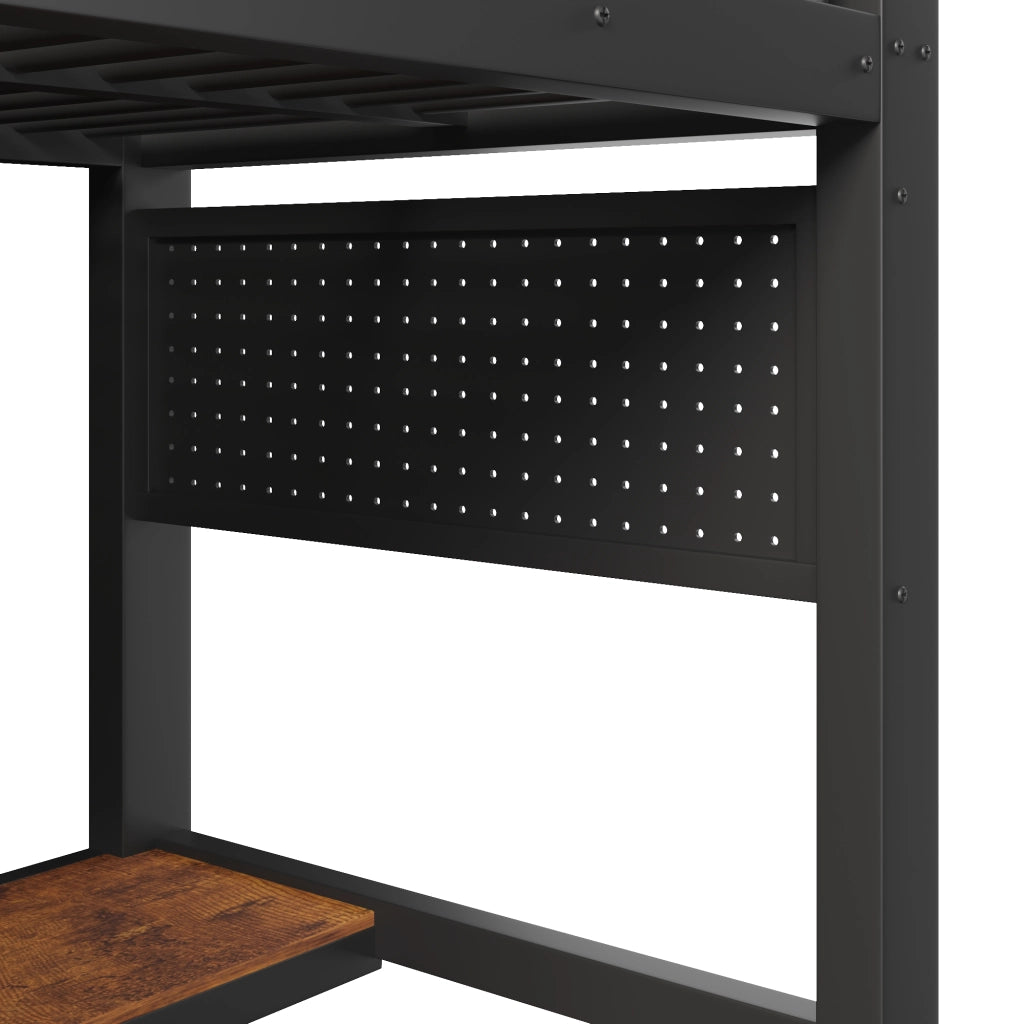 Letto a soppalco singolo 90×200 cm con LED; ripiani e scrivania; senza materasso; metallo; nero