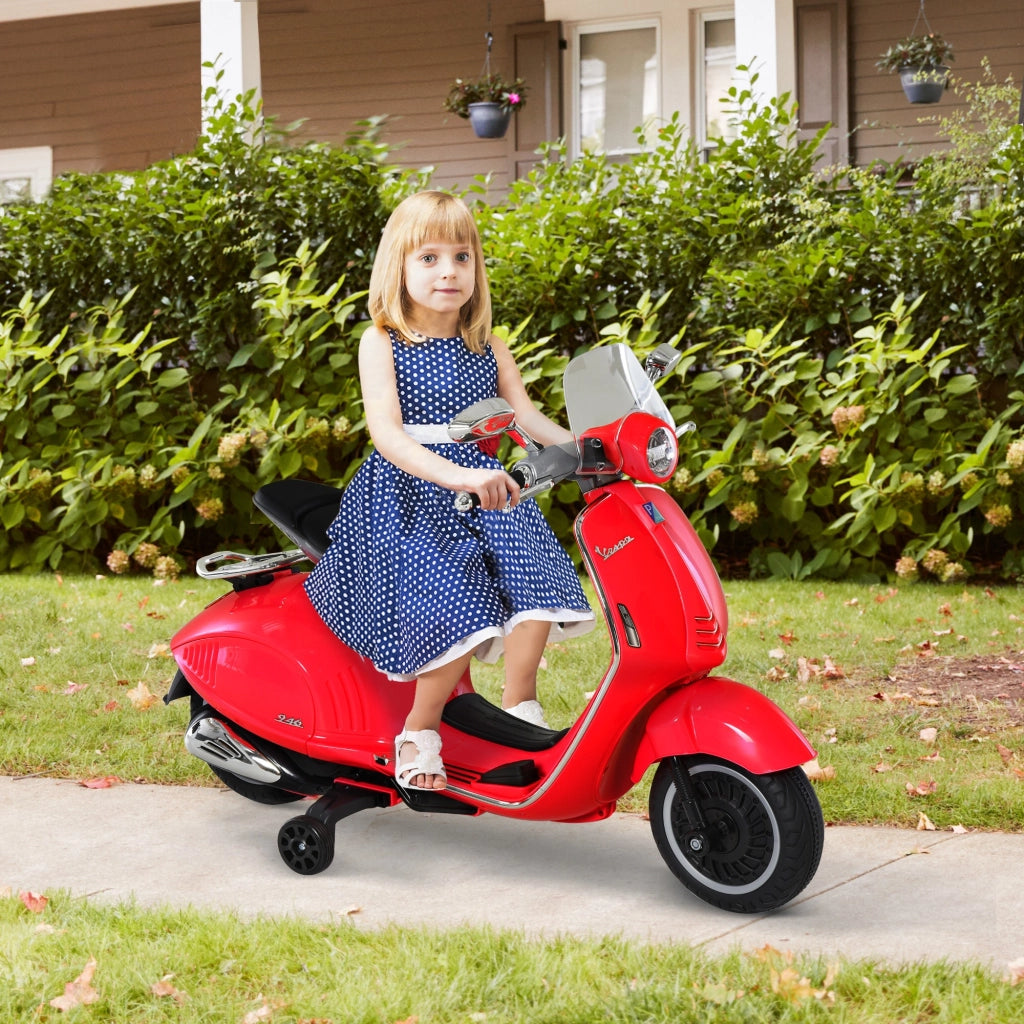 EasyComfort Moto Elettrica per Bambini con Licenza Ufficiale Vespa, 2 Rotelle, Luci e Suoni, 108x49x75 cm, Rossa