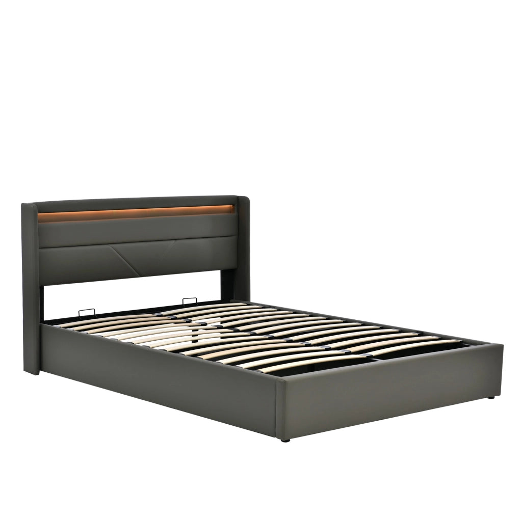 Letto matrimoniale imbottito 160x200 cm con contenitore; LED e rete sollevabile; grigio