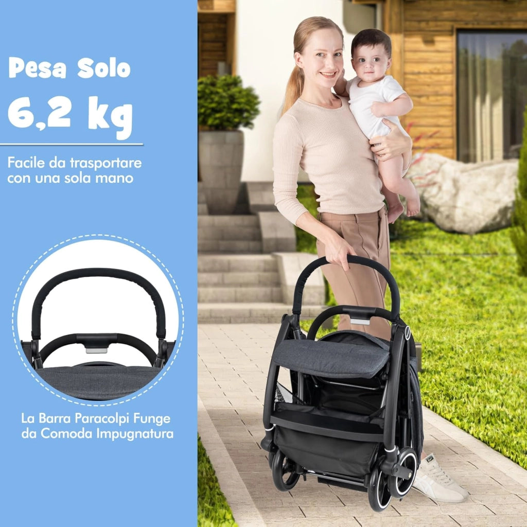 Passeggino Leggero per Bambini, Passeggino Pieghevole con Schienale Regolabile, Tettuccio, Cintura di Sicurezza a 5 Punti, Cestello Portaoggetti, per Bambini 0-36 Mesi (Grigio)