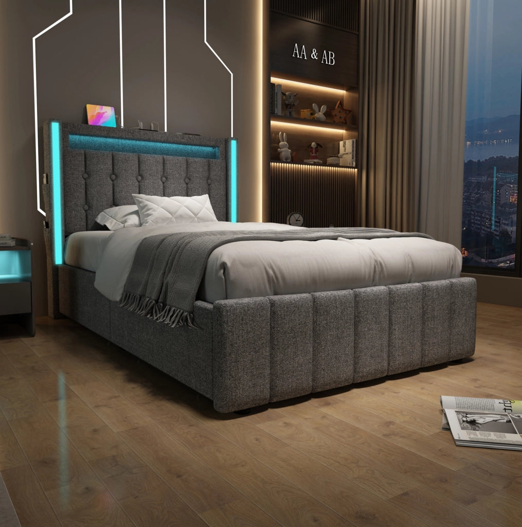 Letto singolo 90x200 cm con USB Type-C; LED e 2 cassetti; lino grigio