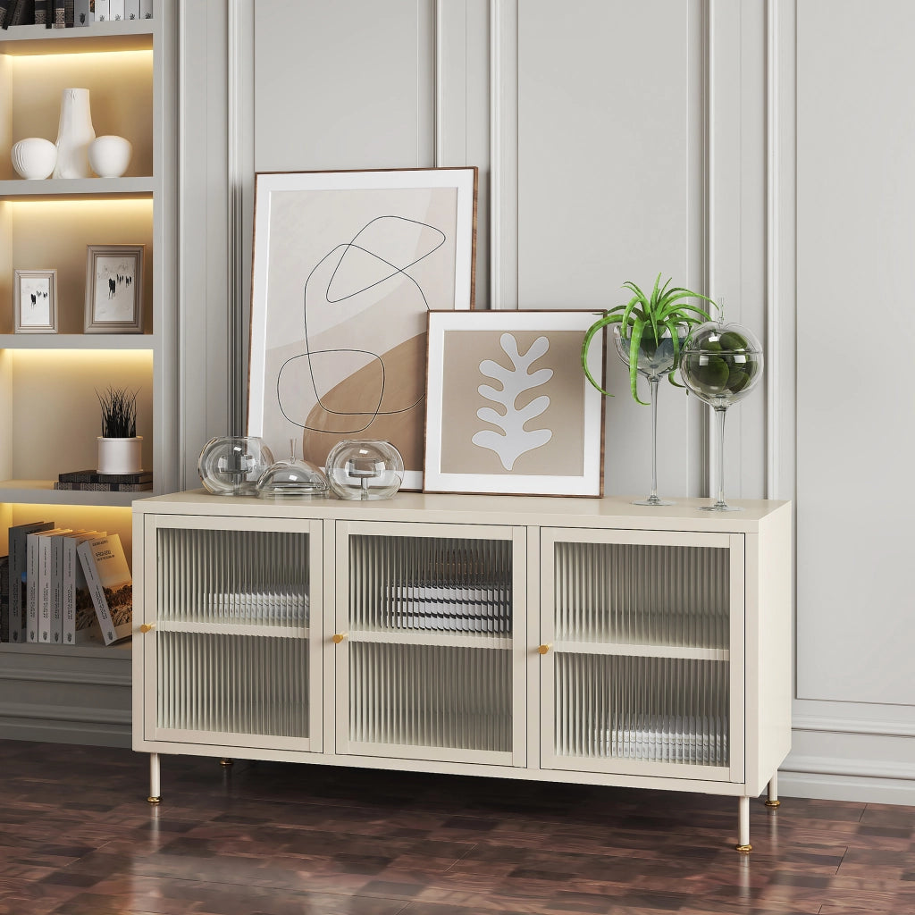 Mobile TV in Acciaio Lindau con Vetrina 120x40x59 cm Bianco Crema [en.casa]
