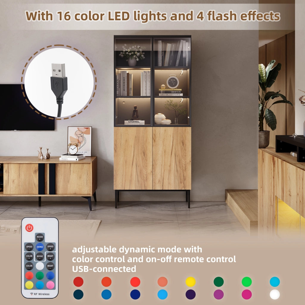 Vetrina con ante in vetro, LED controllato da smartphone, 3 ripiani regolabili, per soggiorno, 74 × 31 × 180 cm