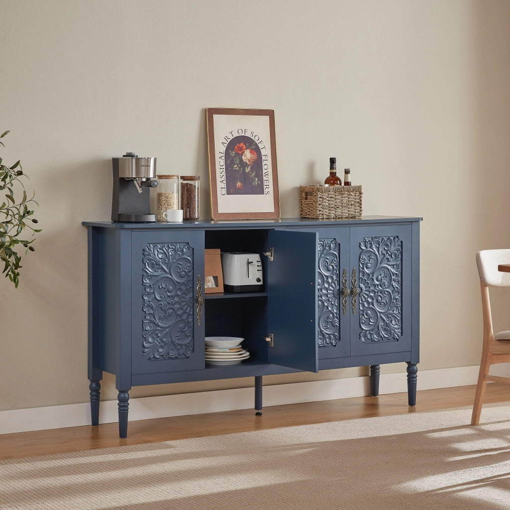 Credenza con ante a rilievo retrò e gambe tornite blu navy 160 × 40 × 89 cm