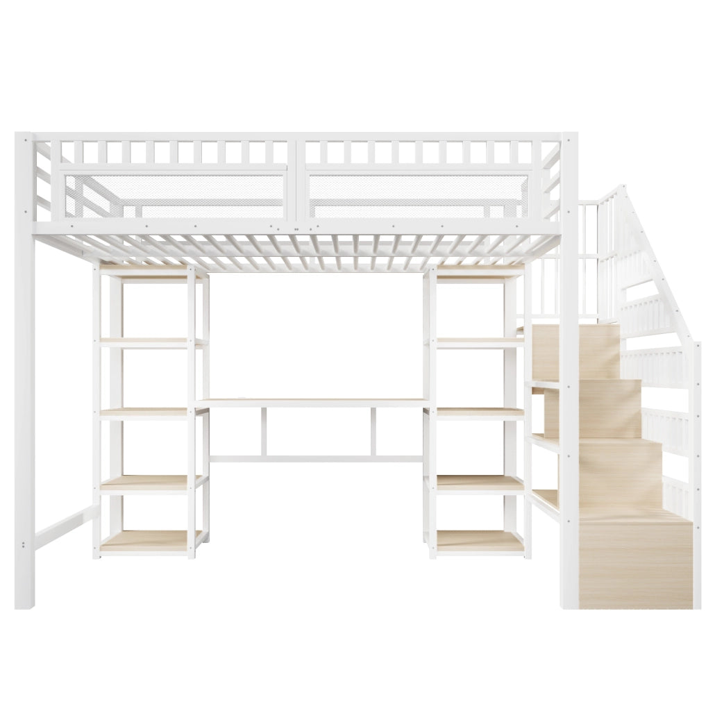 Letto a soppalco ULEVR 140x200 cm con scrivania, scala contenitore, ripiani, LED e USB, bianco