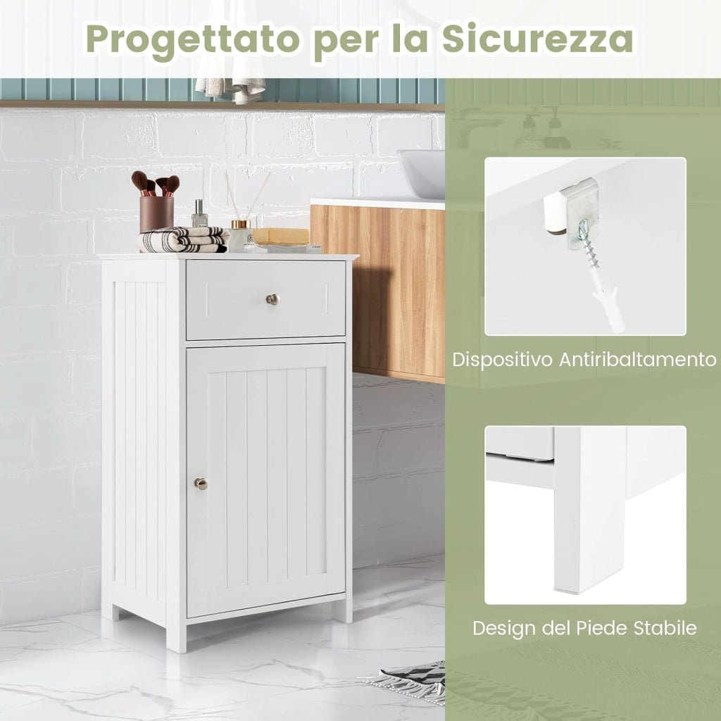 Armadio da Bagno con Ante e Cassetto 43 x 34 x 77cm, Mobile Bagno con Mensola Regolabile e Dispositivo Anti-ribaltamento, Armadietto Elegante per Ufficio, Soggiorno e Camera da Letto (Bianco)