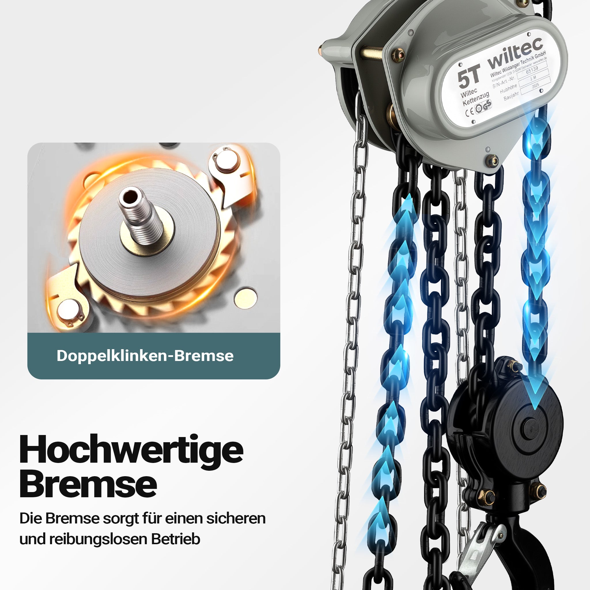 Paranco a catena manuale V21-5, capacità di carico 5 t, altezza di sollevamento 3 m, leggero e compatto, per impieghi gravosi