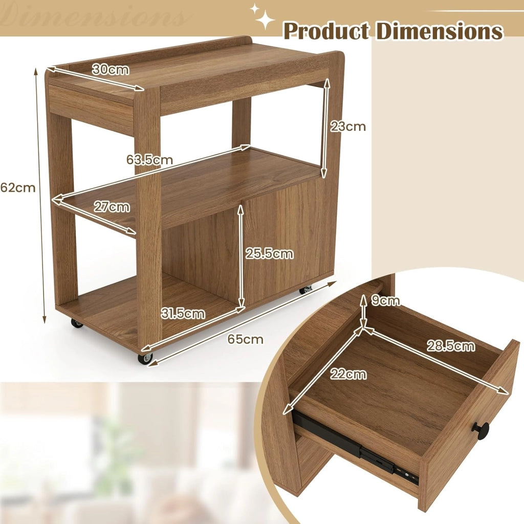 Tavolino da divano, contenitore con 2 cassetti e scaffali aperti, supporto per stampante con ruote, comodino, sottile, per ufficio, 65 x 30 x 62 cm (marrone)
