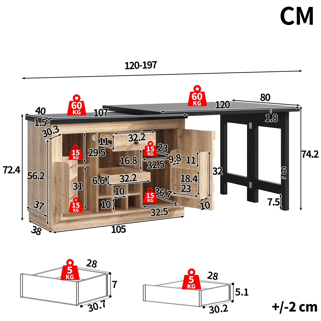 Credenza da cucina girevole 360° con 2 piani; 1 cassetto; portabottiglie rimovibile; per cucina; 120-197 × 40 × 74.2 cm