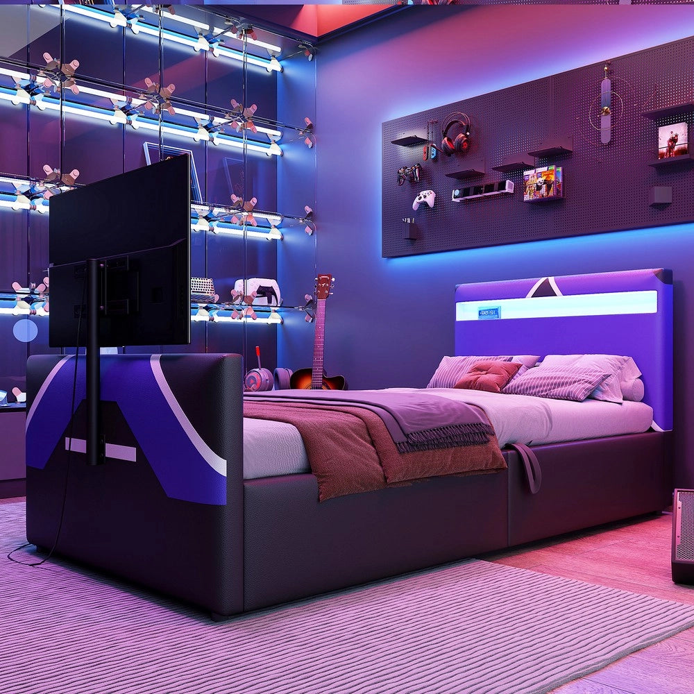 Letto Gaming per Bambini ¨C MINIMAL ¨C 90x200, LED, Idraulico, Rivestimento PU, Contenitore