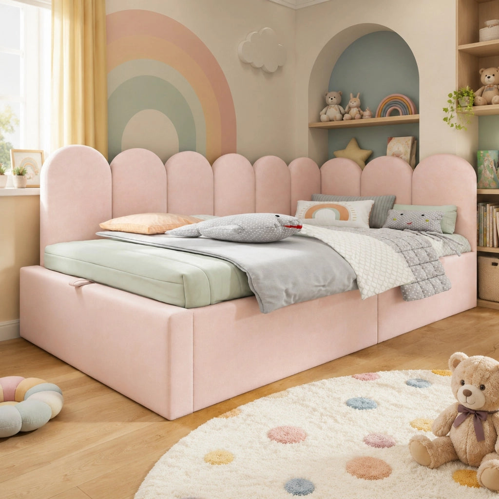 Letto daybed 90x200 cm in velluto rosa con contenitore idraulico e rete in metallo
