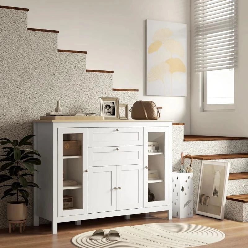 MOBILE CUCINA CON 2 CASSETTI E 3 ARMADIETTI, ANTE IN VETRO E RIPIANI REGOLABILI, 120X40X90 CM, BIANCO E ROVERE