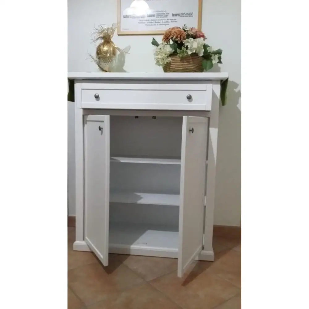 Scarpiera 1 cassetto 2 ante e 3 ripiani arte povera in legno massello e mdf con rifinitura in bianco 87x40x110 H