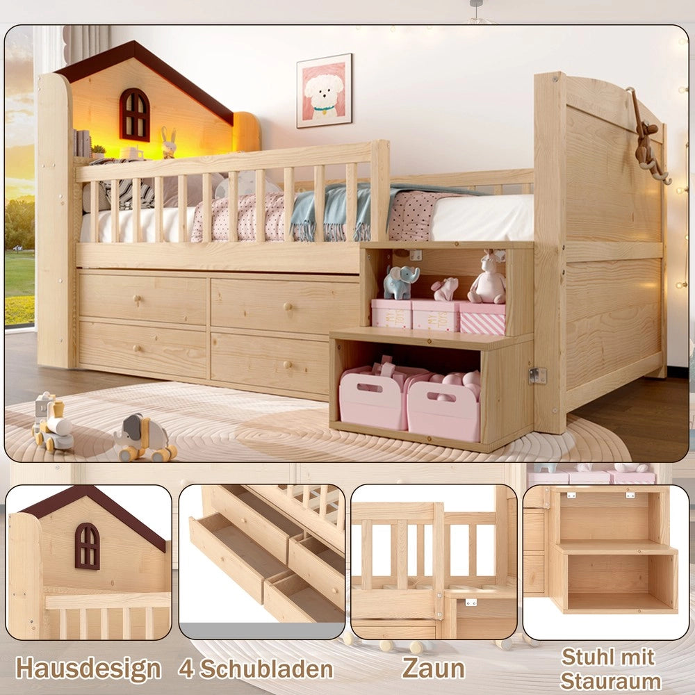 Letto a Soppalco con Cassetti e LED ¨C MINIMAL ¨C 90x200, Naturale