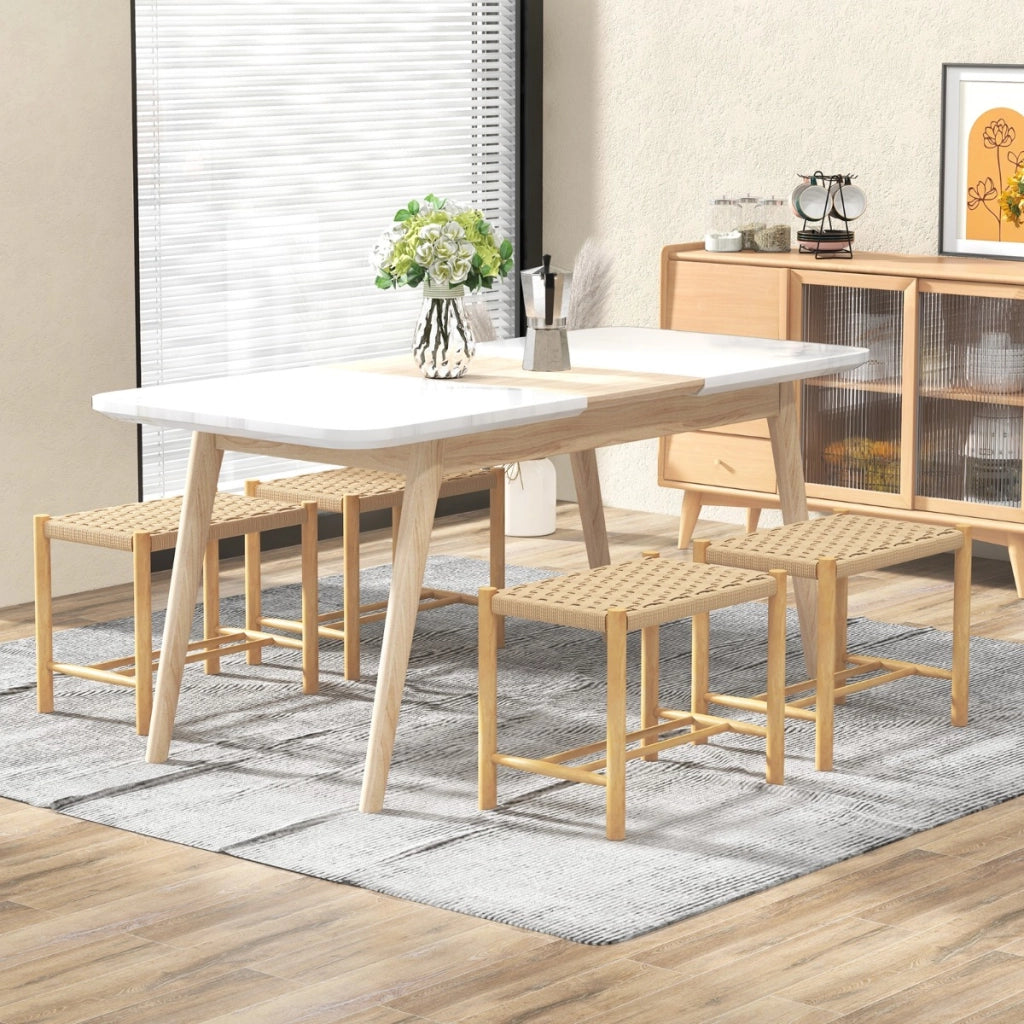2 Sgabelli in legno di gomma con seduta intrecciata in carta, Sgabelli senza schienale Naturale 56x36x45cm-Sgabelli