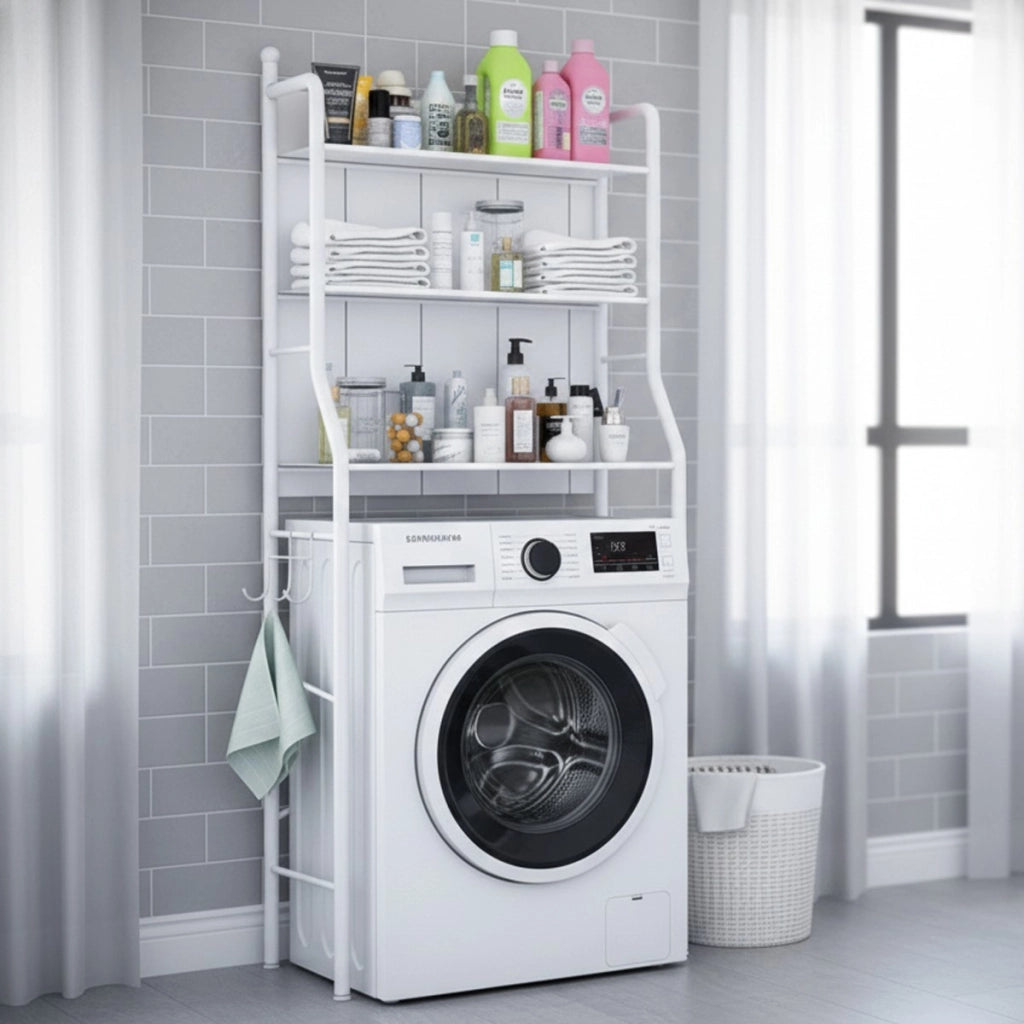 SCAFFALE LAVATRICE SALVASPAZIO BAGNO MOBILE 3 RIPIANI ORGANIZER METALLO BIANCO