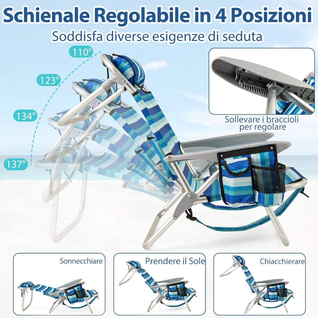 Sedia Pieghevole da Spiaggia, Telaio in Alluminio, Sedia Bassa da Sabbia Leggera con Schienale Regolabile, Sdraio da Esterno Robusta per Giardino, Campeggio, Portata 150 kg (Verde,1)