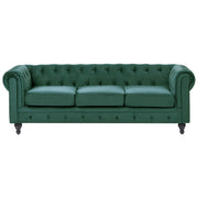 Divano Chesterfield Tessuto Velluto Verde Rivestimento Gambe In Legno Scuro 3 Posti Contemporaneo