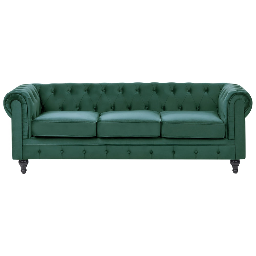 Divano Chesterfield Tessuto Velluto Verde Rivestimento Gambe In Legno Scuro 3 Posti Contemporaneo