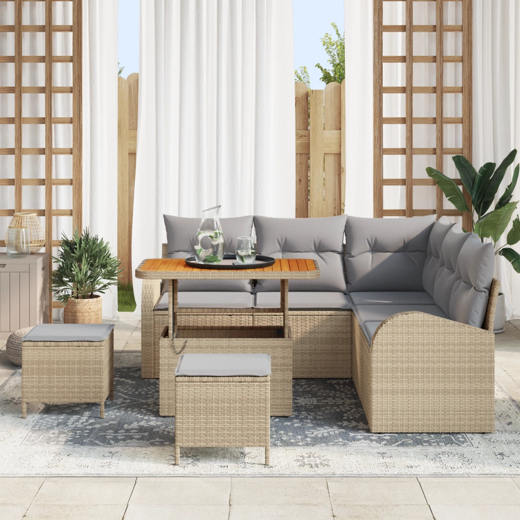 Set Divano da Giardino 8 Pezzi con Cuscini Beige Polyrattan Acacia