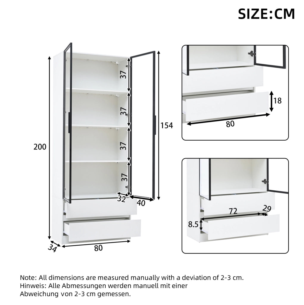Vetrina alta 200 cm con LED; 2 ante in vetro e 2 cassetti; bianco