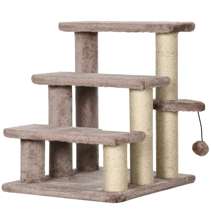 Treppe per gatti con tiragraffi in juta, 3 gradini, pallina gioco, 45x40x48 cm, marrone