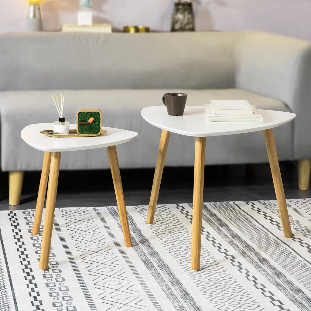 Set di 2 Tavolini Bassi da Salotto in Legno di bambù massello e MDF Tavolino Moderno Bianco FBT74-W