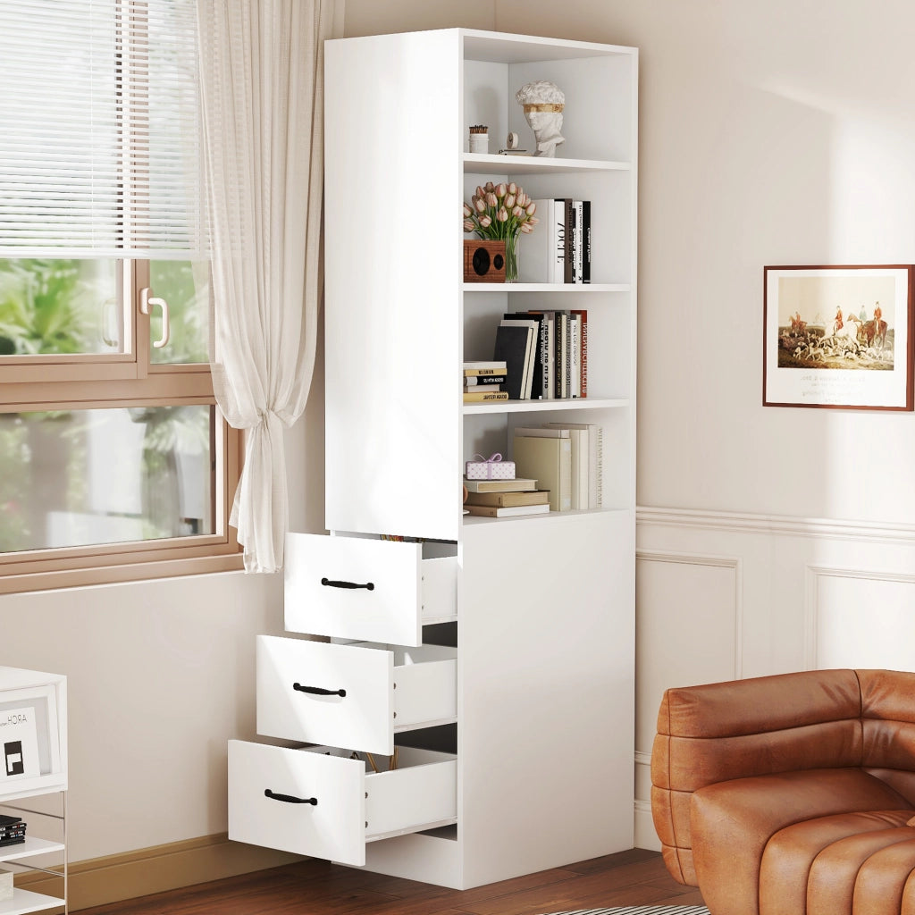 Libreria alta slim 180 cm bianca con 3 cassetti laterali, ripiani regolabili, ideale per spazi piccoli