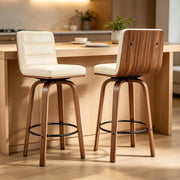 Sgabello da bar in pelle PU con schienale ergonomico, anello poggiapiedi e gambe in legno e metallo, crema