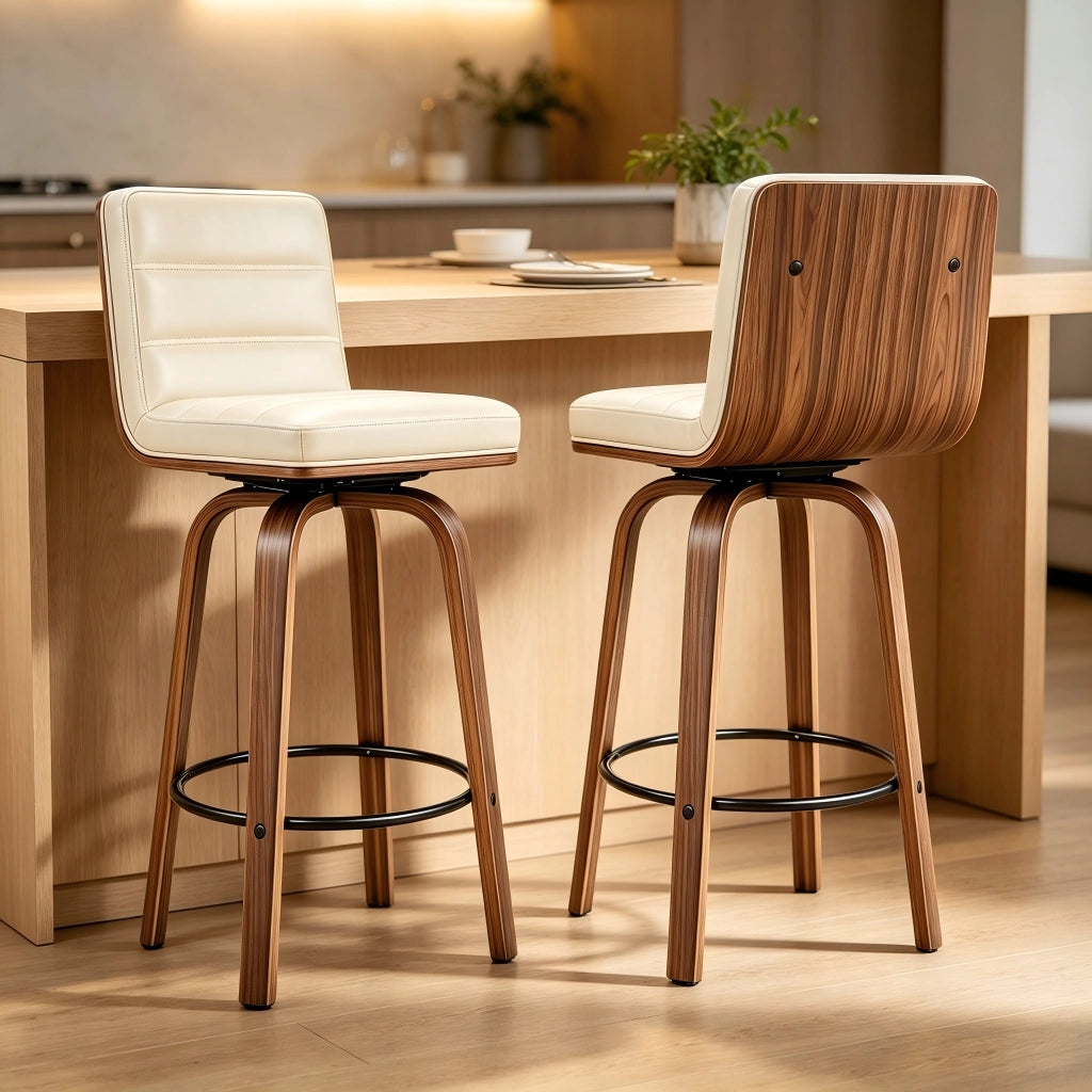 Sgabello da bar in pelle PU con schienale ergonomico, anello poggiapiedi e gambe in legno e metallo, crema