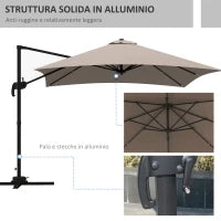 Ombrellone 3x3 m a Braccio con 8 Stecche, Pedale e Manovella, in Alluminio e Poliestere, color Khaki