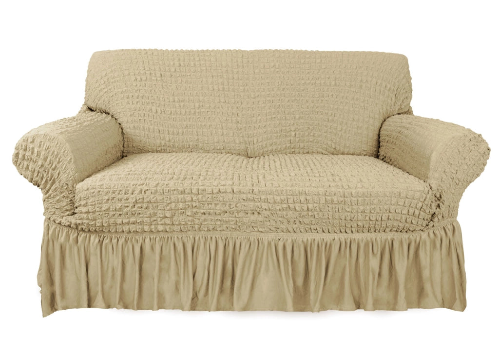 Copridivano Elasticizzato Arricciato Con Volants Tinta Unita Mod Luxory Beige - 4 Posti - Beige