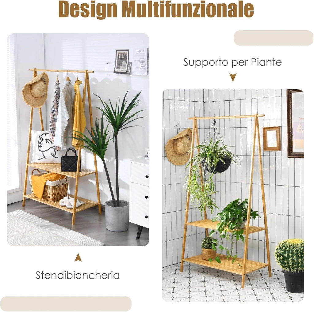 Stand Appendiabiti in Bambù, Rella Appendiabiti con 2 Ripiani, Salvaspazio e Resistente, Ideale per Ingresso Camera da letto, Naturale