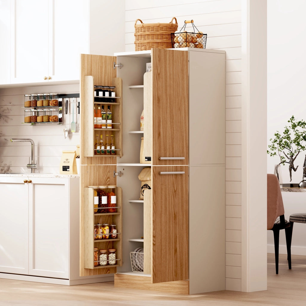 Dispensa alta con 4 ante e ripiani regolabili per cucina, in MDF, bianco e naturale, 76 × 42 × 180 cm