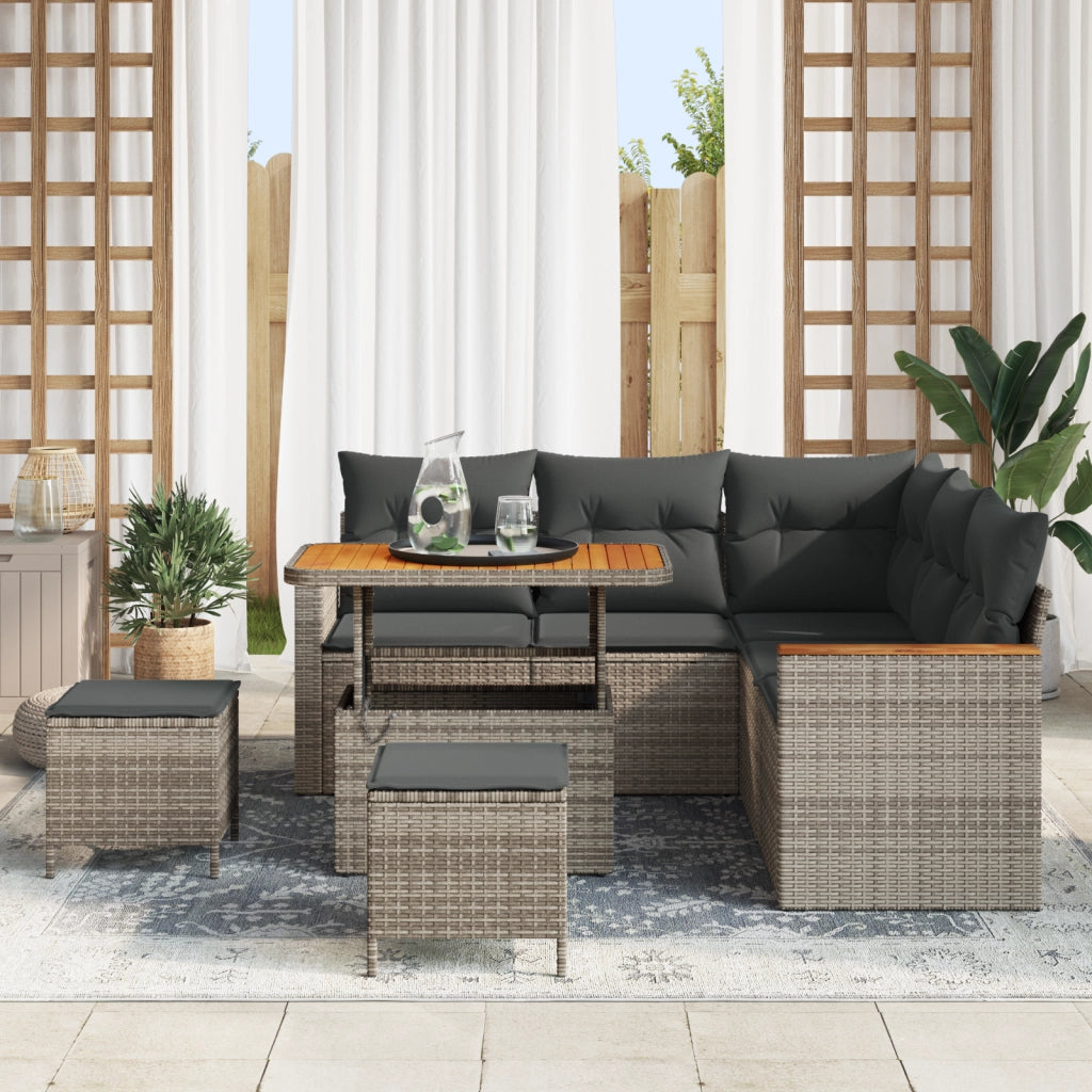 Set divano giardino 8 pezzi con cuscini Grigio Polyrattan Acacia
