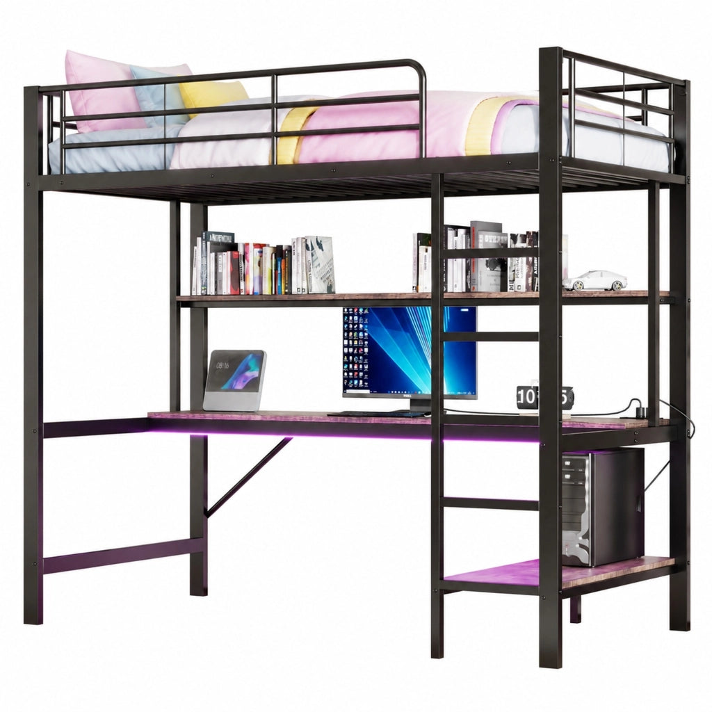 Letto a soppalco con scrivania, scaffale, luci LED e prese USB
