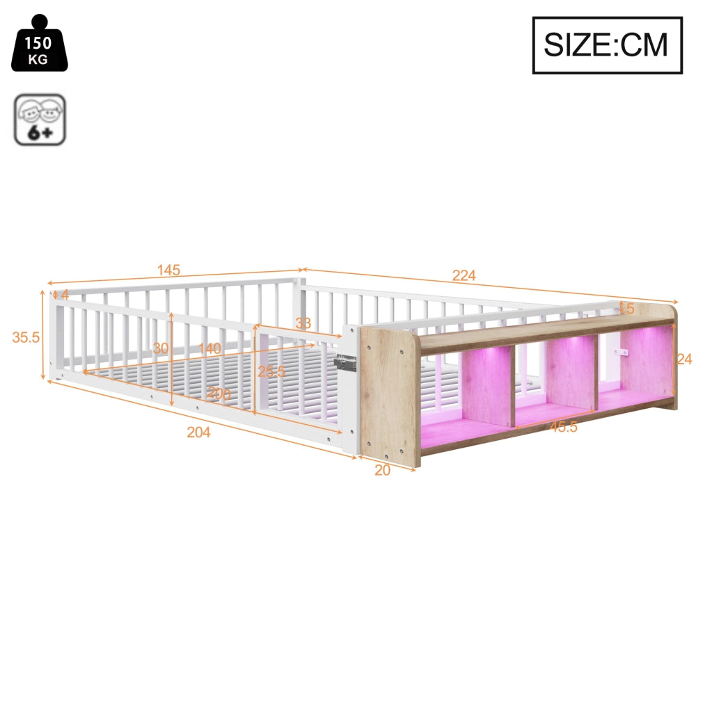 Letto 140x200 cm con sponde; vani portaoggetti e LED in MDF e metallo bianco