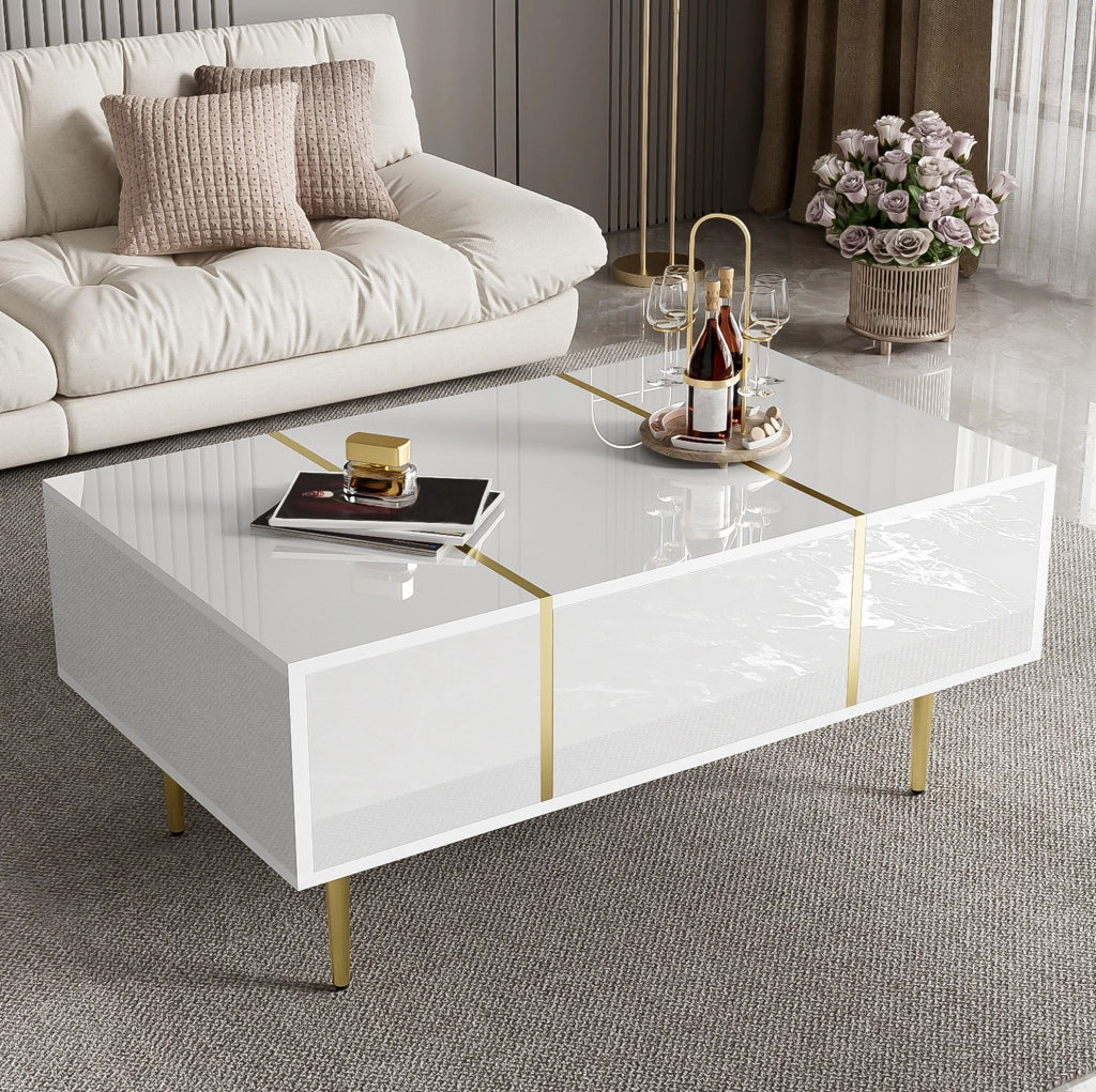 Tavolino da caffè moderno bianco lucido 100 x 60 x 41;5 cm in MDF con 2 cassetti