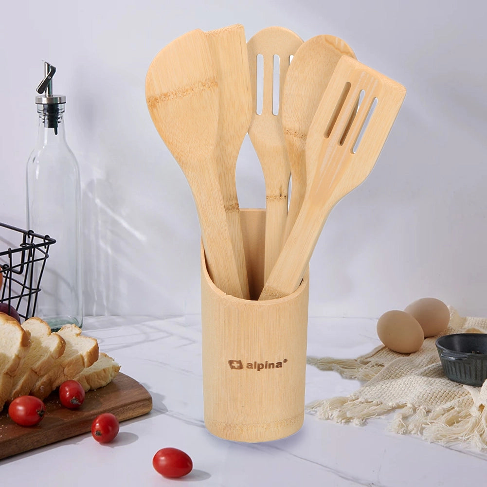 Set 6 Utensili da Cucina in Bambù Lunghezza 30 cm Antigraffio Colori Assortiti