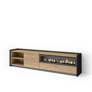 Mobile TV Soggiorno, 207x50x37 cm, Per TV fino a 80", Camino elettrico, LED, Rovere e nero