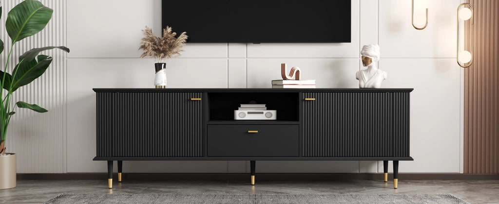 Mobile porta TV con 2 ante, 1 vano aperto e 1 cassetto, passacavi, chiusura ammortizzata, in MDF nero, 170 × 36 × 54 cm