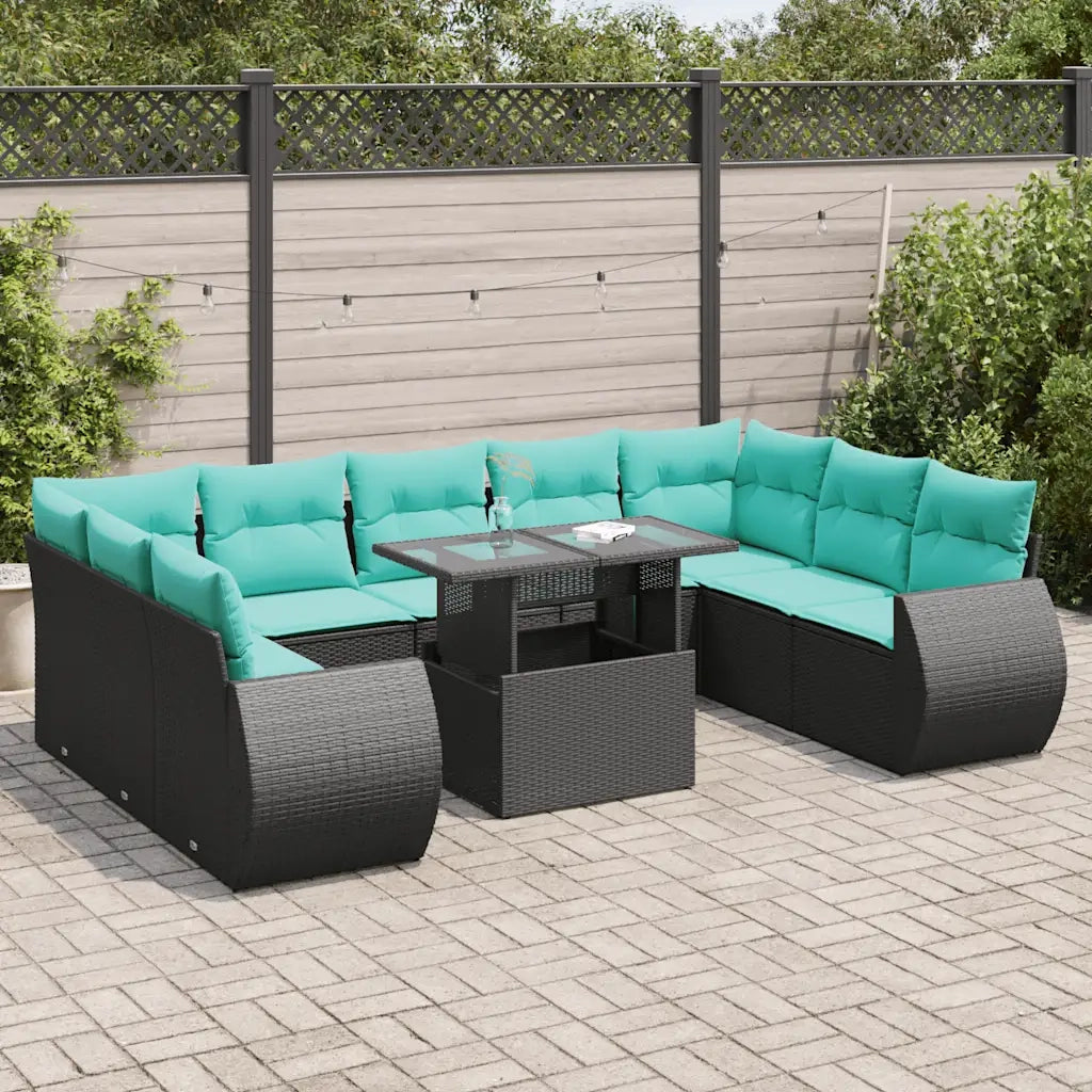 Set Divani Giardino 10pz con Cuscini Nero in Polyrattan Acacia