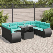 Set Divani Giardino 10pz con Cuscini Nero in Polyrattan Acacia