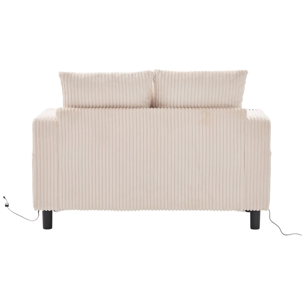 Poltrona relax 142x128x85 cm con LED; USB e portabicchiere in velluto a coste beige